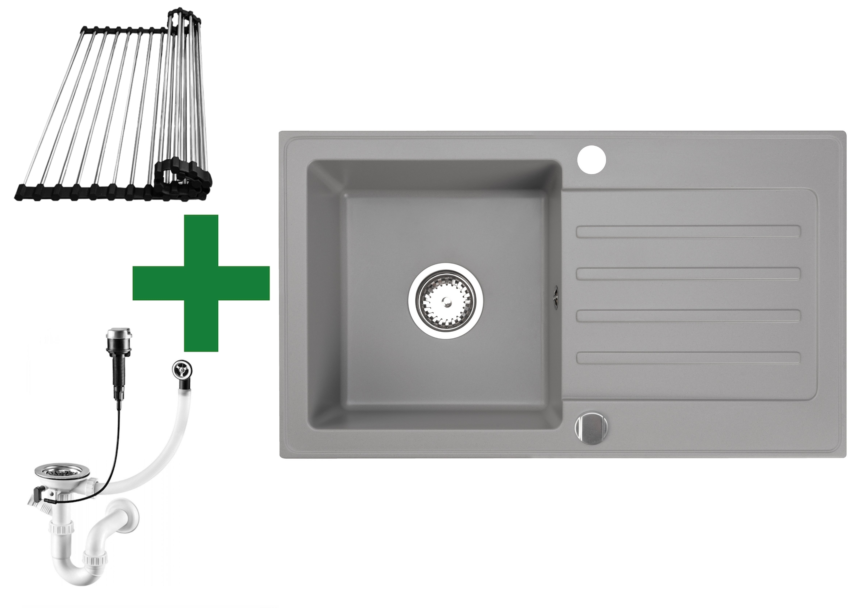 Granitspüle 76x44, Abtropfgitter + Siphon – mit/ohne Armatur
