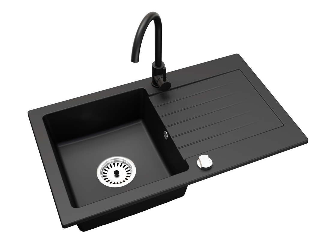 Granitspüle Alisha 75x43,5 cm  Schwarz Gesprenkelt + Armatur (Verschiedene Farben)