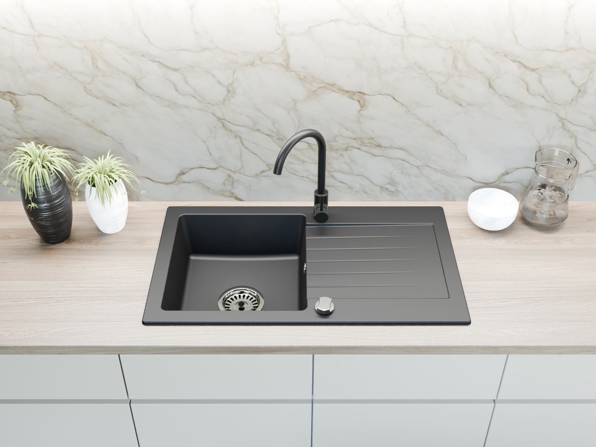 Granitspüle 75x43,5 cm mit Abtropffläche – Alisha Einbauspüle beidseitig montierbar, inkl. Siphon