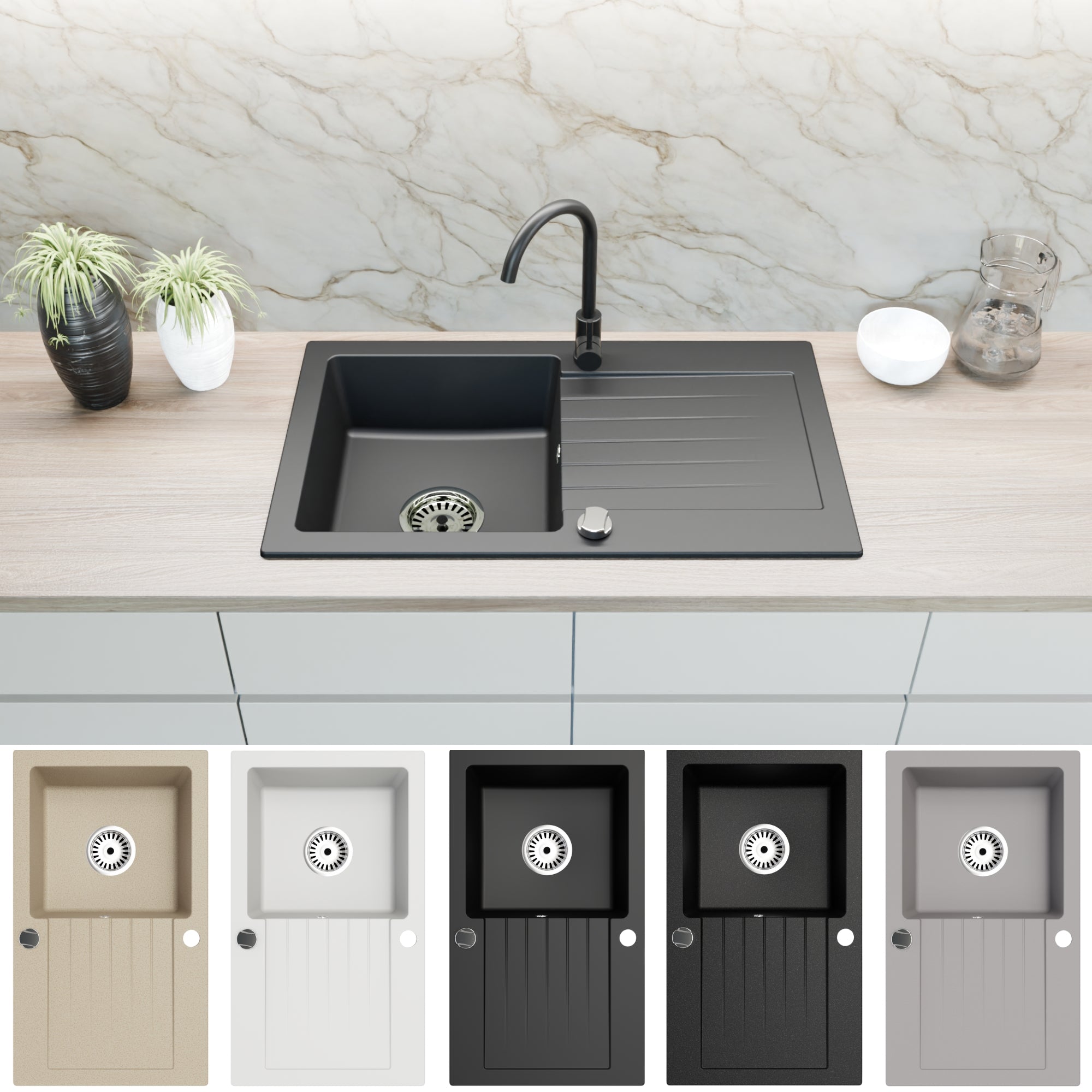 Granitspüle 75x43,5 cm mit Abtropffläche – Alisha Einbauspüle beidseitig montierbar, inkl. Siphon