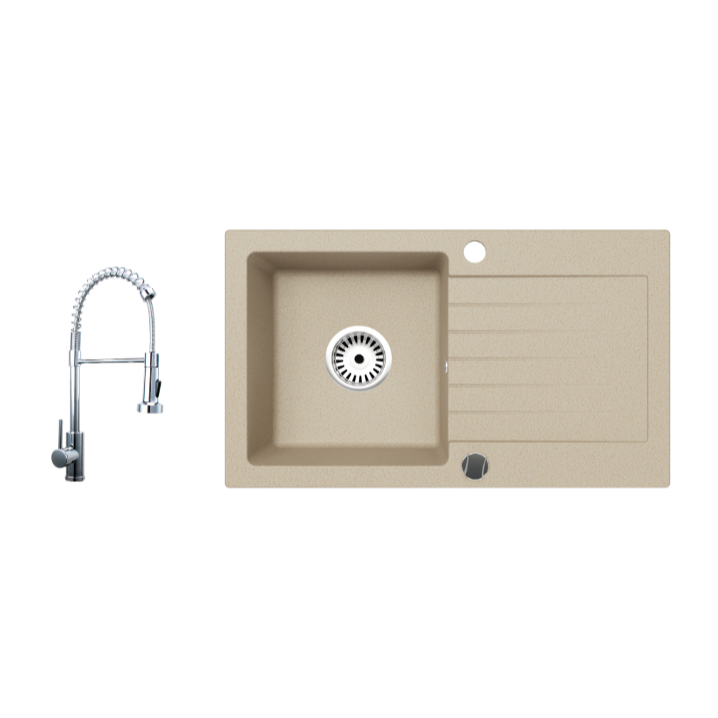 Granitspüle Alisha 75x43,5 cm mit Abtropffläche – Einbauspüle beidseitig montierbar, inkl. Siphon (Mit Armatur oder ohne wählbar)