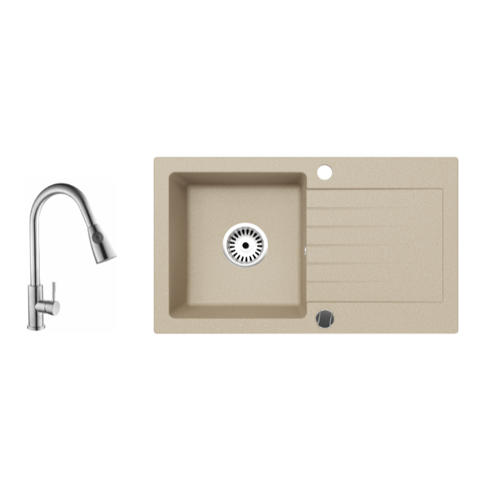 Granitspüle Alisha 75x43,5 cm mit Abtropffläche – Einbauspüle beidseitig montierbar, inkl. Siphon (Mit Armatur oder ohne wählbar)