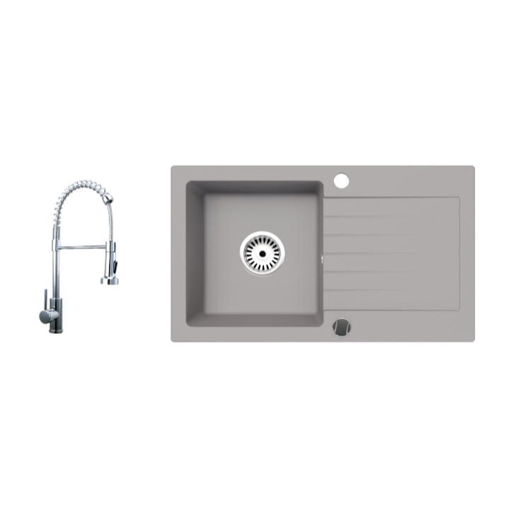 Granitspüle Alisha 75x43,5 cm mit Abtropffläche – Einbauspüle beidseitig montierbar, inkl. Siphon (Mit Armatur oder ohne wählbar)