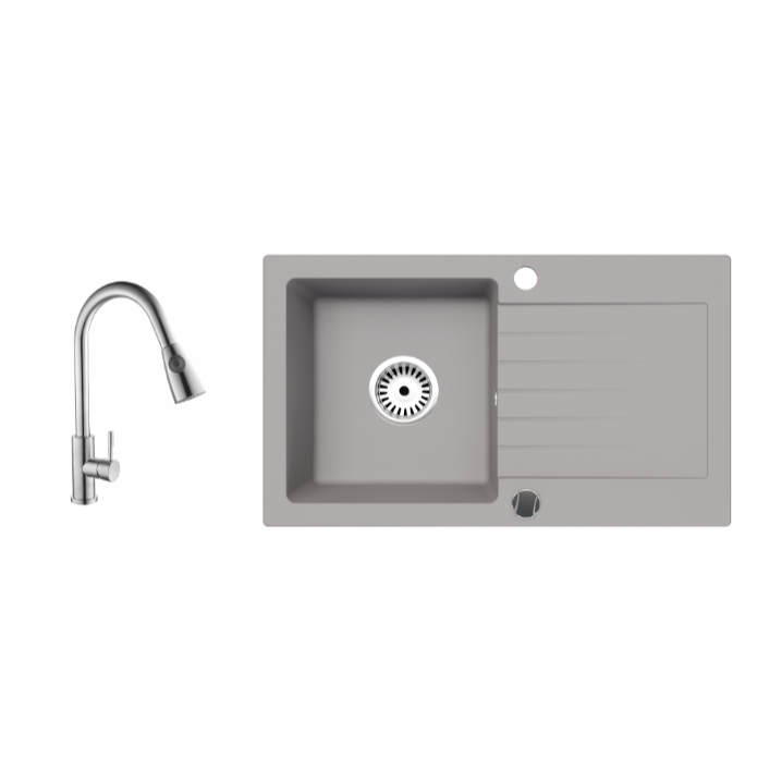 Granitspüle Alisha 75x43,5 cm mit Abtropffläche – Einbauspüle beidseitig montierbar, inkl. Siphon (Mit Armatur oder ohne wählbar)