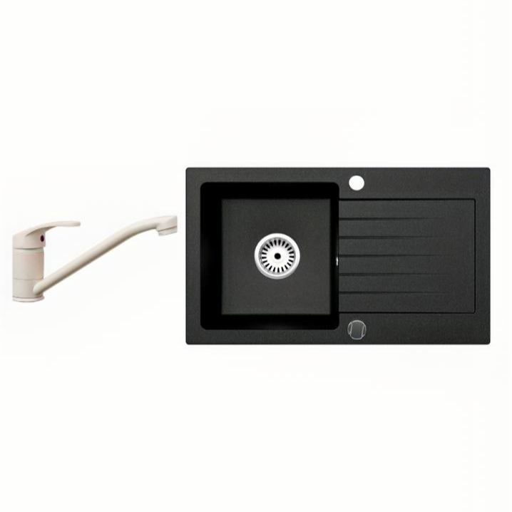 Granitspüle Alisha 75x43,5 cm mit Abtropffläche – Einbauspüle beidseitig montierbar, inkl. Siphon (Mit Armatur oder ohne wählbar)