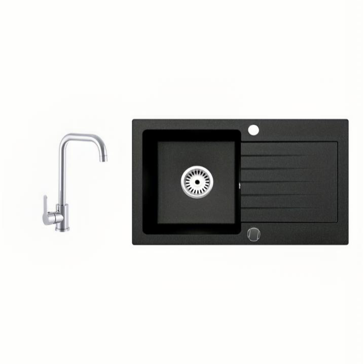 Granitspüle Alisha 75x43,5 cm mit Abtropffläche – Einbauspüle beidseitig montierbar, inkl. Siphon (Mit Armatur oder ohne wählbar)