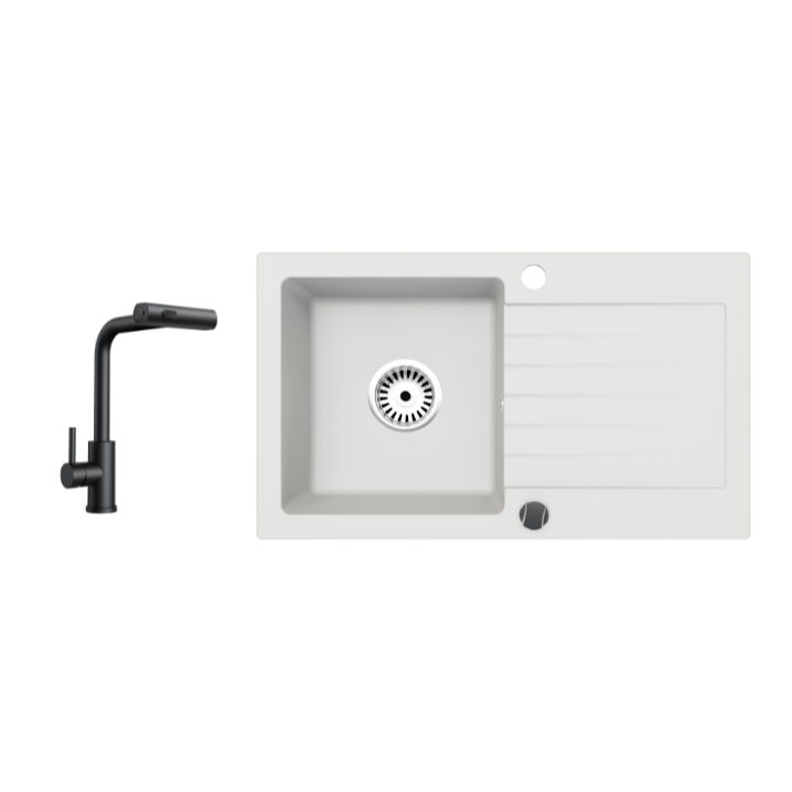 Granitspüle Alisha 75x43,5 cm mit Abtropffläche – Einbauspüle beidseitig montierbar, inkl. Siphon (Mit Armatur oder ohne wählbar)