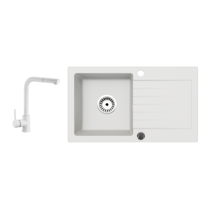Granitspüle Alisha 75x43,5 cm mit Abtropffläche – Einbauspüle beidseitig montierbar, inkl. Siphon (Mit Armatur oder ohne wählbar)