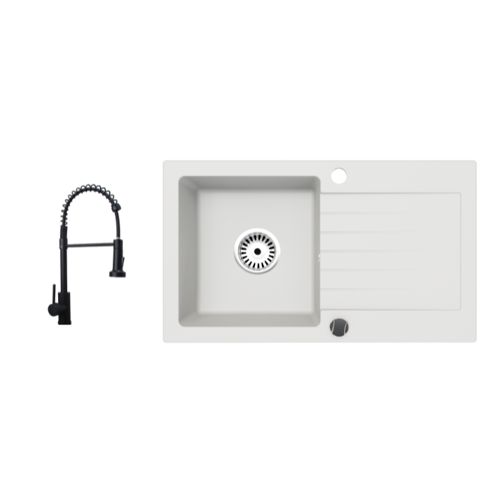Granitspüle Alisha 75x43,5 cm mit Abtropffläche – Einbauspüle beidseitig montierbar, inkl. Siphon (Mit Armatur oder ohne wählbar)
