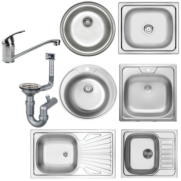 Eingebaute Edelstahlspüle in verschiedenen Größen, inklusive Siphon-Set und Armaturen