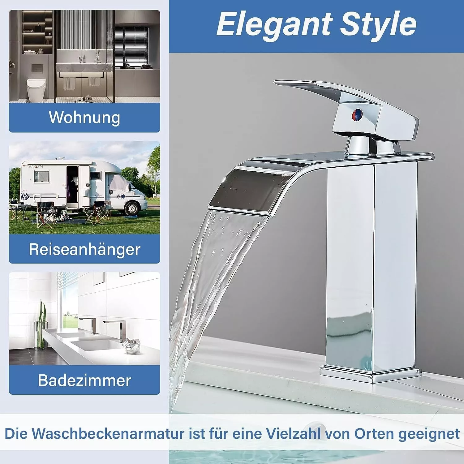 Wasserfall Waschtischarmatur Chrom – Designer-Armatur aus Messing mit Einhebelmischer & Wasserfall-Auslauf