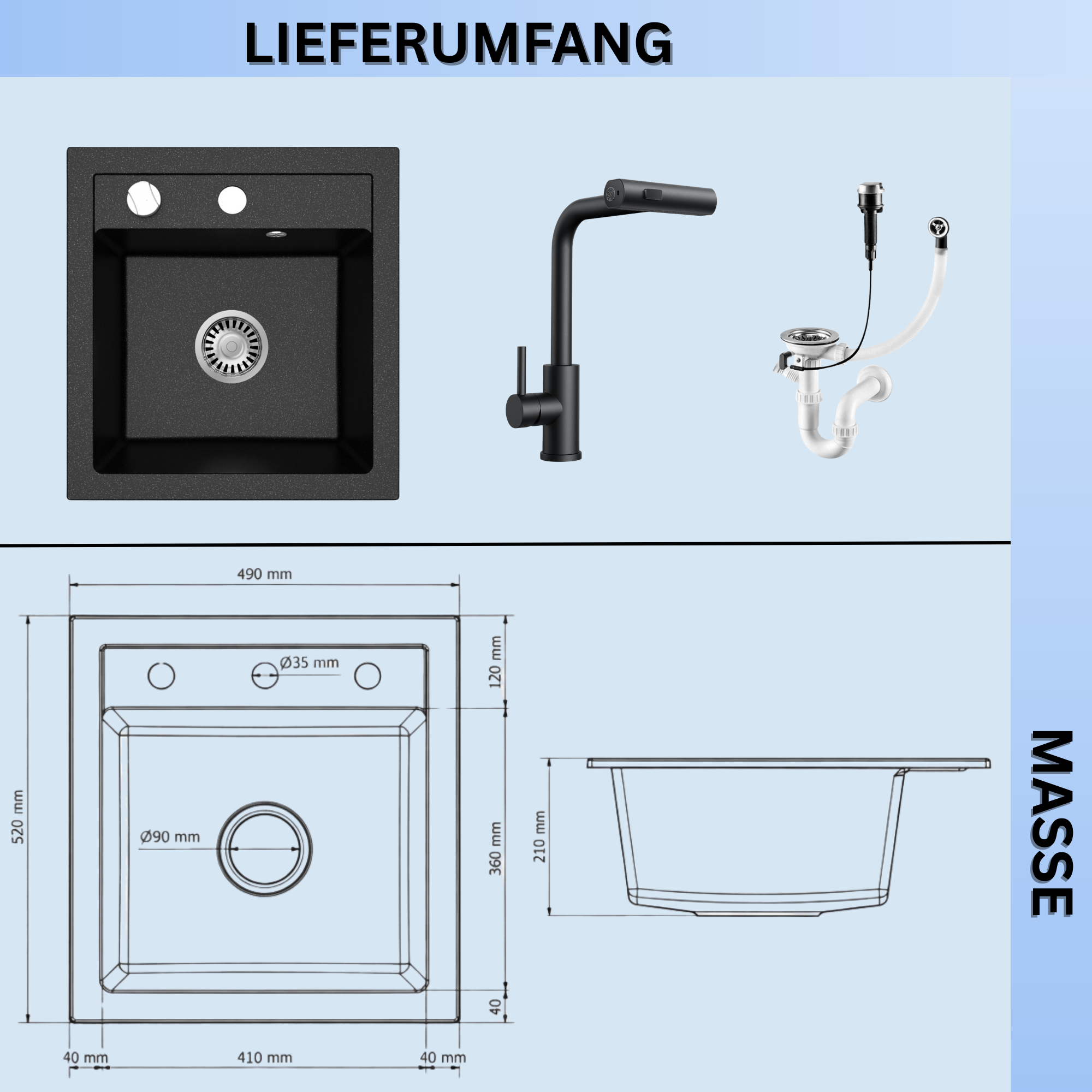Granitspüle Milano 49x52 cm Schwarz Gesprenkelt mit Armatur & Siphon-Set