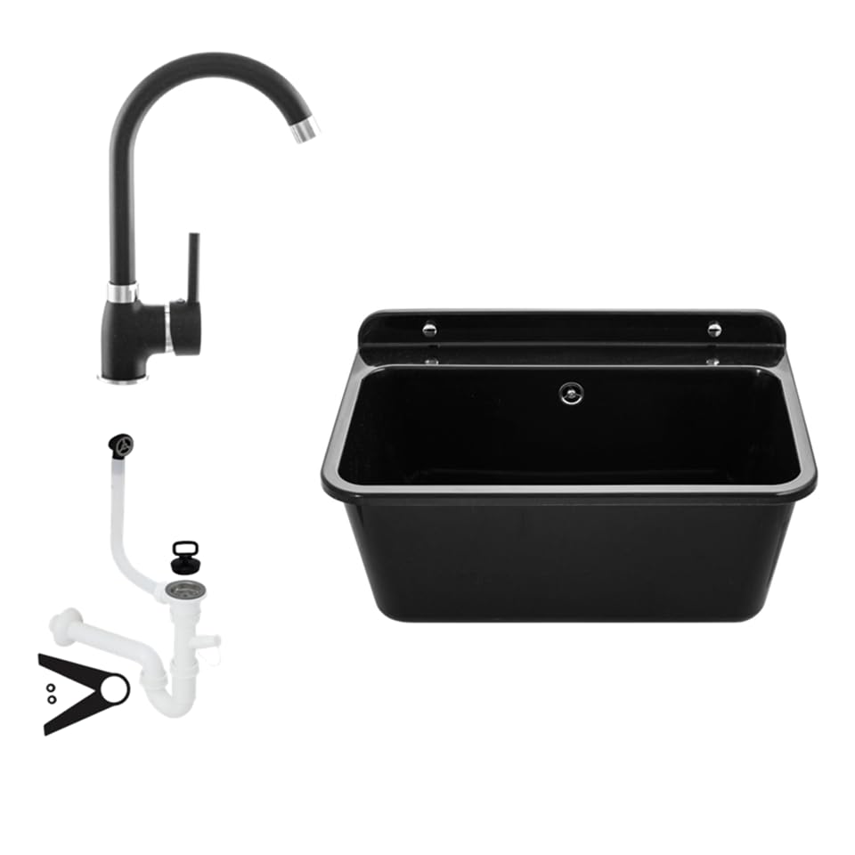 Ausgussbecken LARGE 61 × 41 cm Schwarz – Robuste Kunststoff-Spüle aus Polystyrol inkl. Siphon & Montagematerial