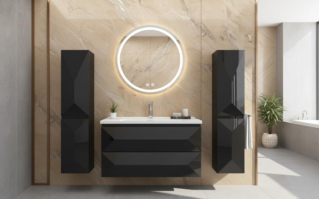 Badmöbel Set 90 cm Schwarz – Waschbecken mit Unterschrank & Spiegel | Faizee Home