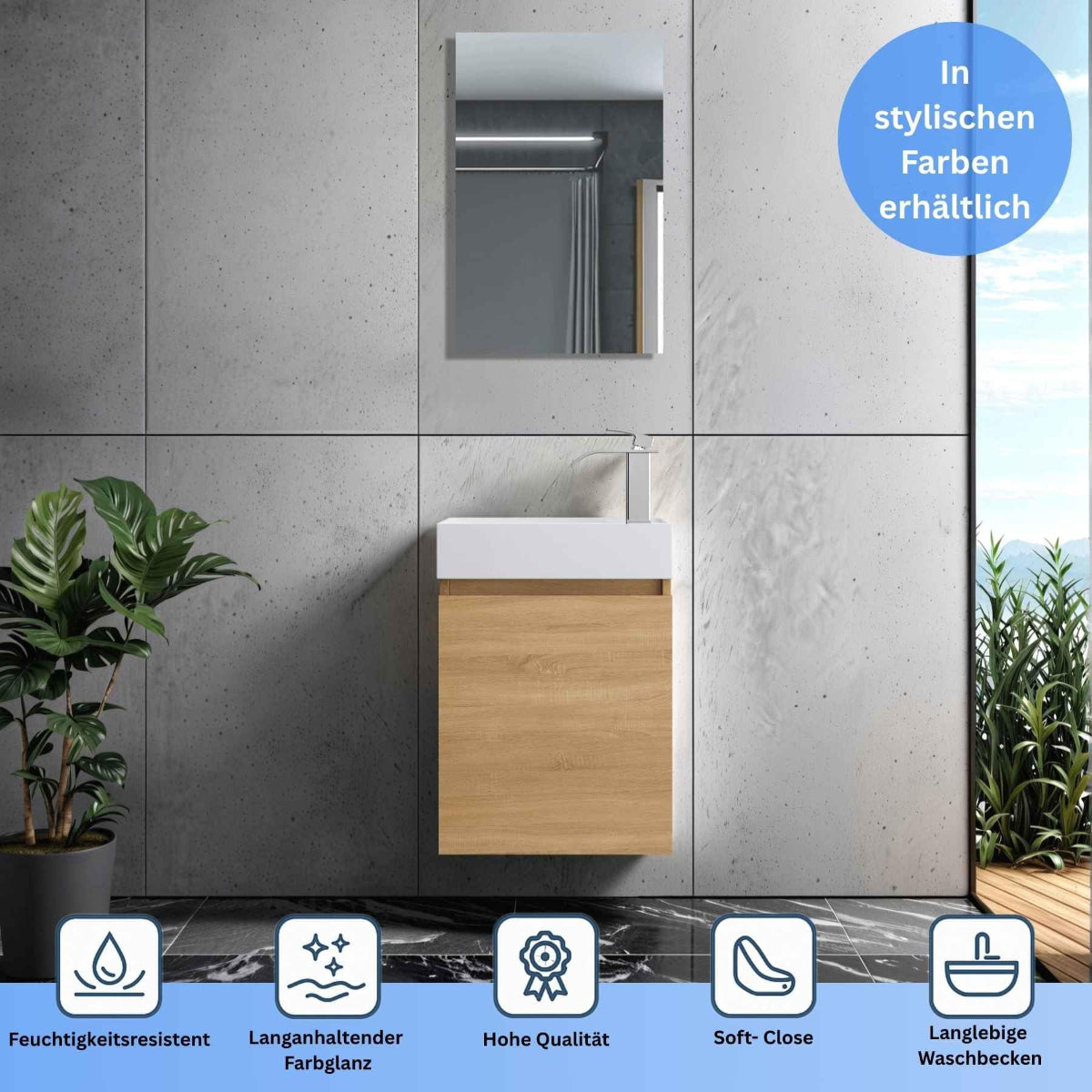 Faizee Home Badmöbel Set – Waschbeckenunterschrank mit Keramik Waschbecken, Spiegel & Armatur – Kompakter Badezimmerschrank Badschrank für Gäste WC & kleine Bäder