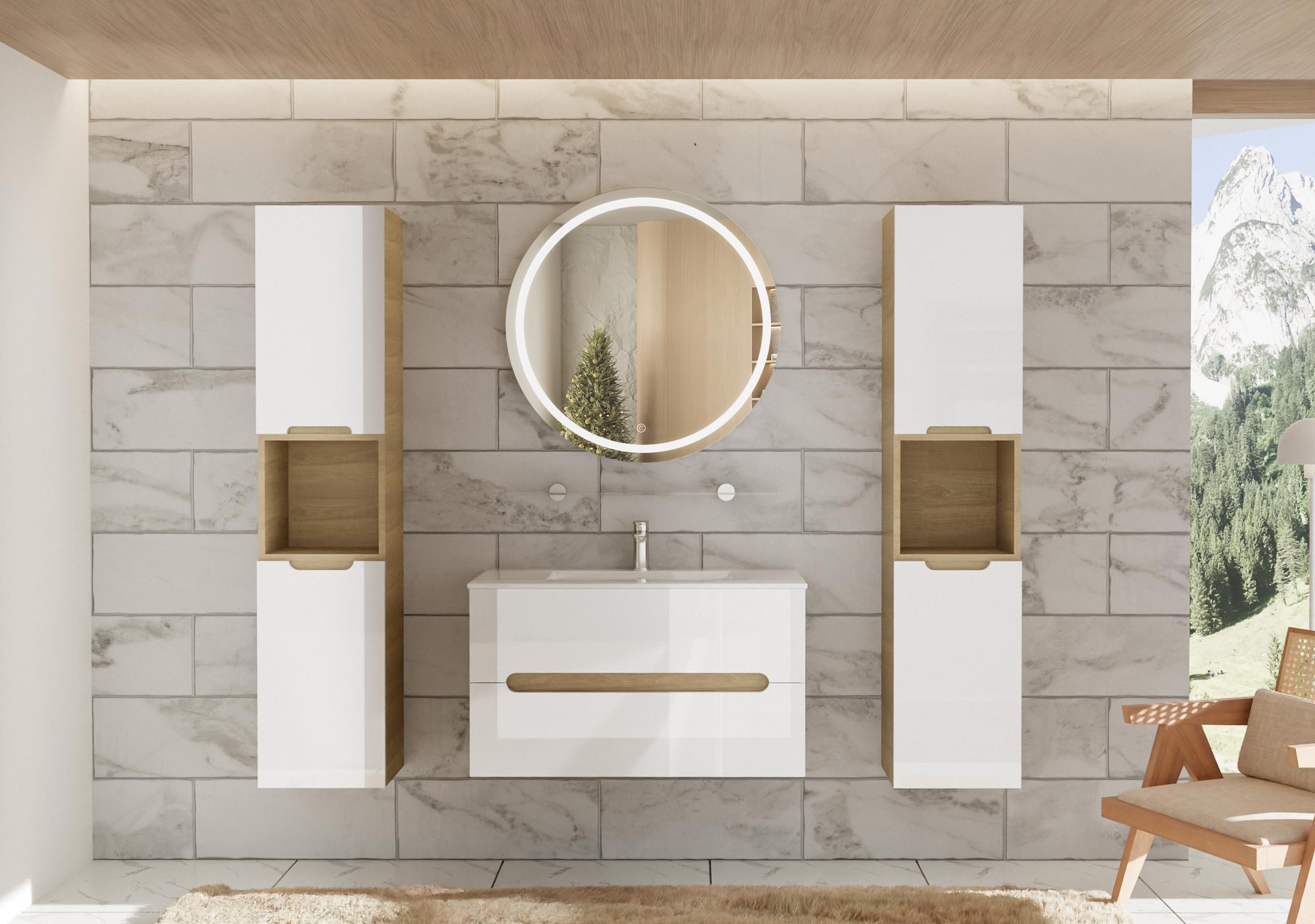Badmöbelset Aliyah 90 cm – Hochglanz Weiß & Sonoma Holzoptik mit Waschbecken & LED-Spiege