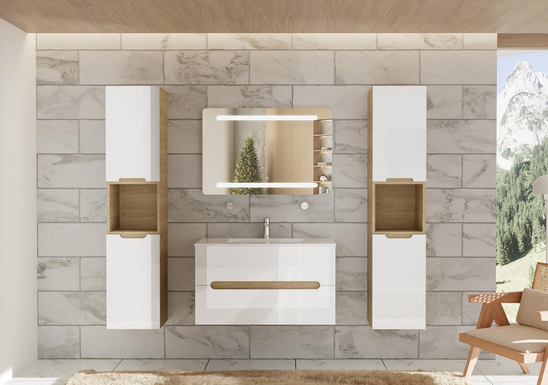 Badmöbelset Aliyah 90 cm – Hochglanz Weiß & Sonoma Holzoptik mit Waschbecken & LED-Spiege