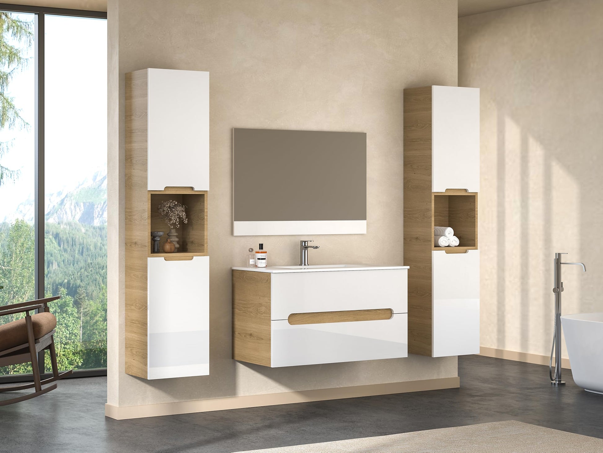 Badmöbelset Aliyah 90 cm – Hochglanz Weiß & Sonoma Holzoptik mit Waschbecken & LED-Spiegel
