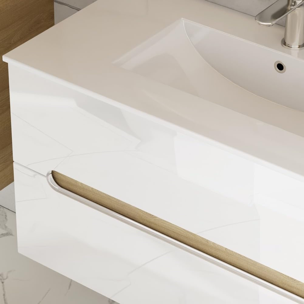Badmöbelset Aliyah 90 cm – Hochglanz Weiß & Sonoma Holzoptik mit Waschbecken & LED-Spiegel
