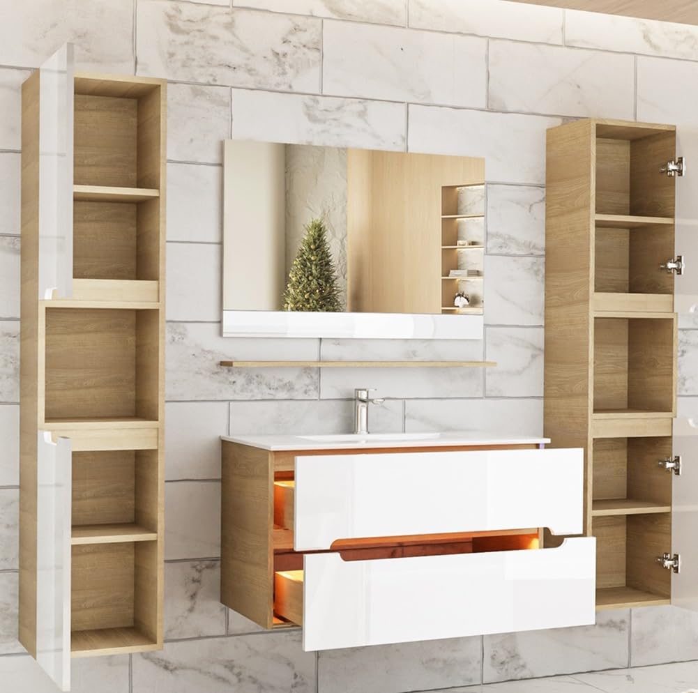 Badmöbelset Aliyah 90 cm – Hochglanz Weiß & Sonoma Holzoptik mit Waschbecken & LED-Spiegel
