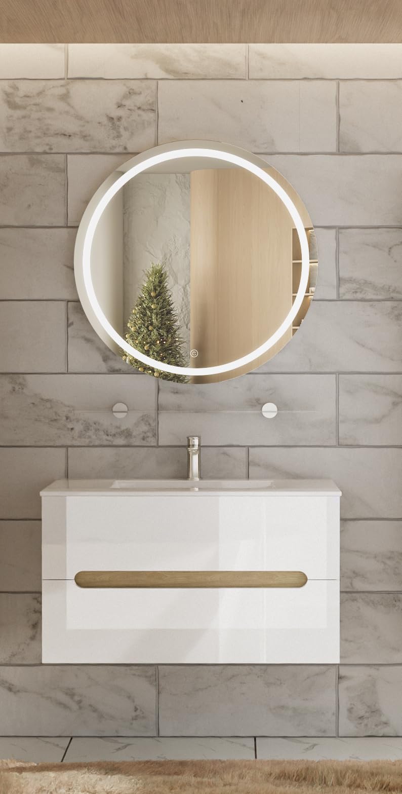 Badmöbelset Aliyah 90 cm – Hochglanz Weiß & Sonoma Holzoptik mit Waschbecken & LED-Spiegel
