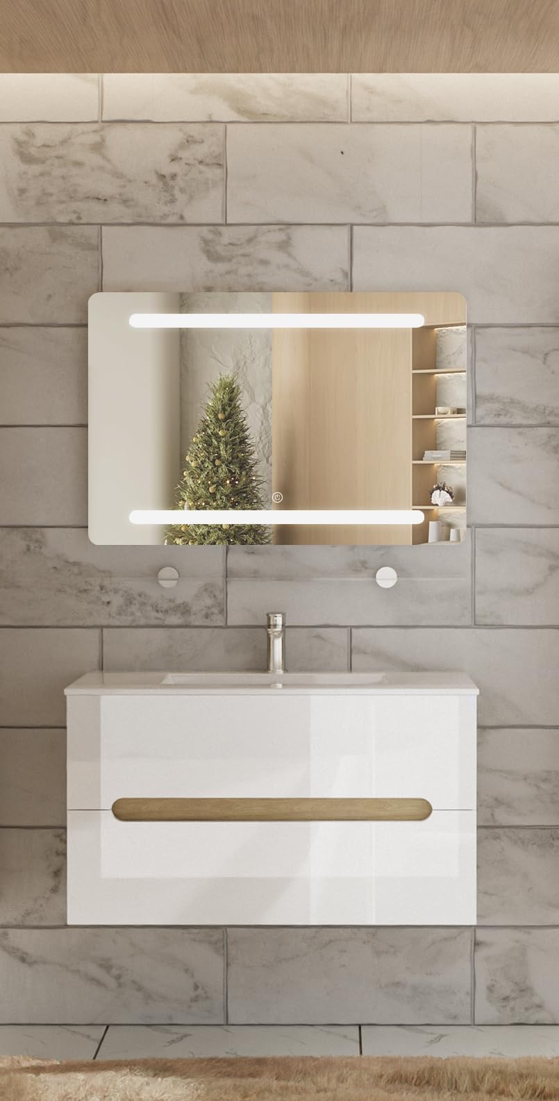 Badmöbelset Aliyah 90 cm – Hochglanz Weiß & Sonoma Holzoptik mit Waschbecken & LED-Spiegel
