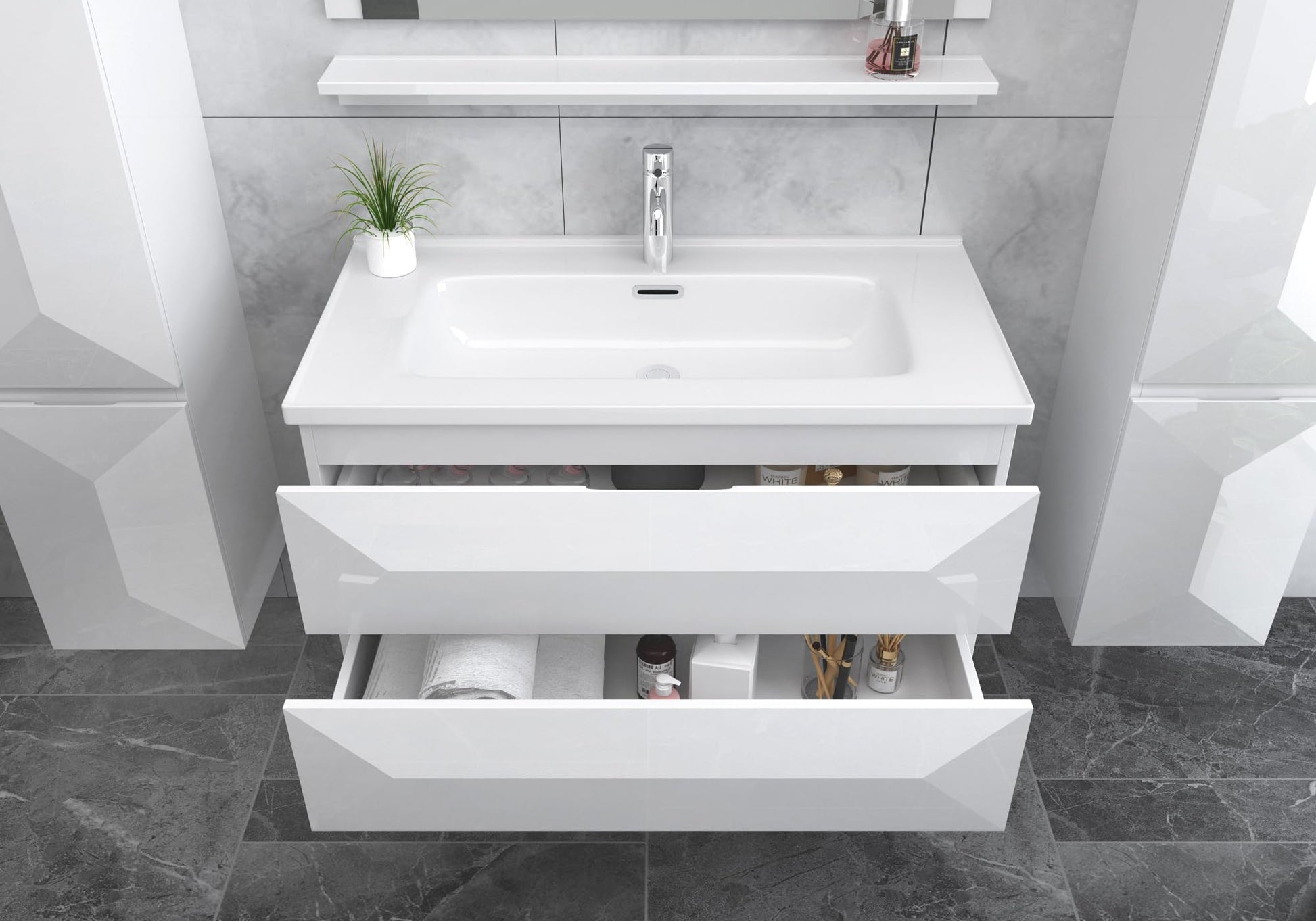 Badmoebel_Set_Miran_Hochglanz_Weiss_Spiegel_Keramik-Waschbecken_Soft-Close_Unterschrank