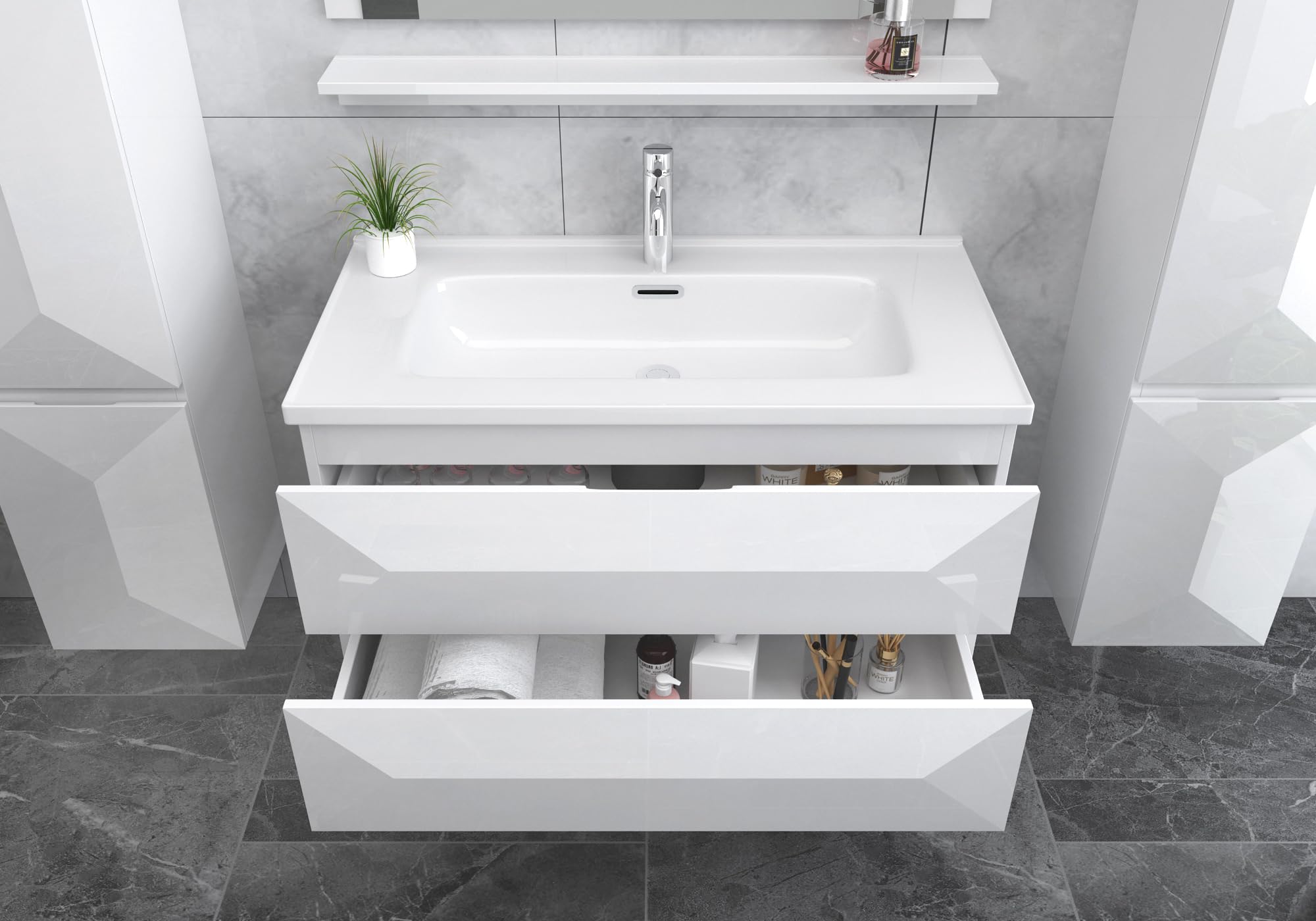 Badmoebel_Set_Miran_Hochglanz_Weiss_Spiegel_Keramik-Waschbecken_Soft-Close_Unterschrank