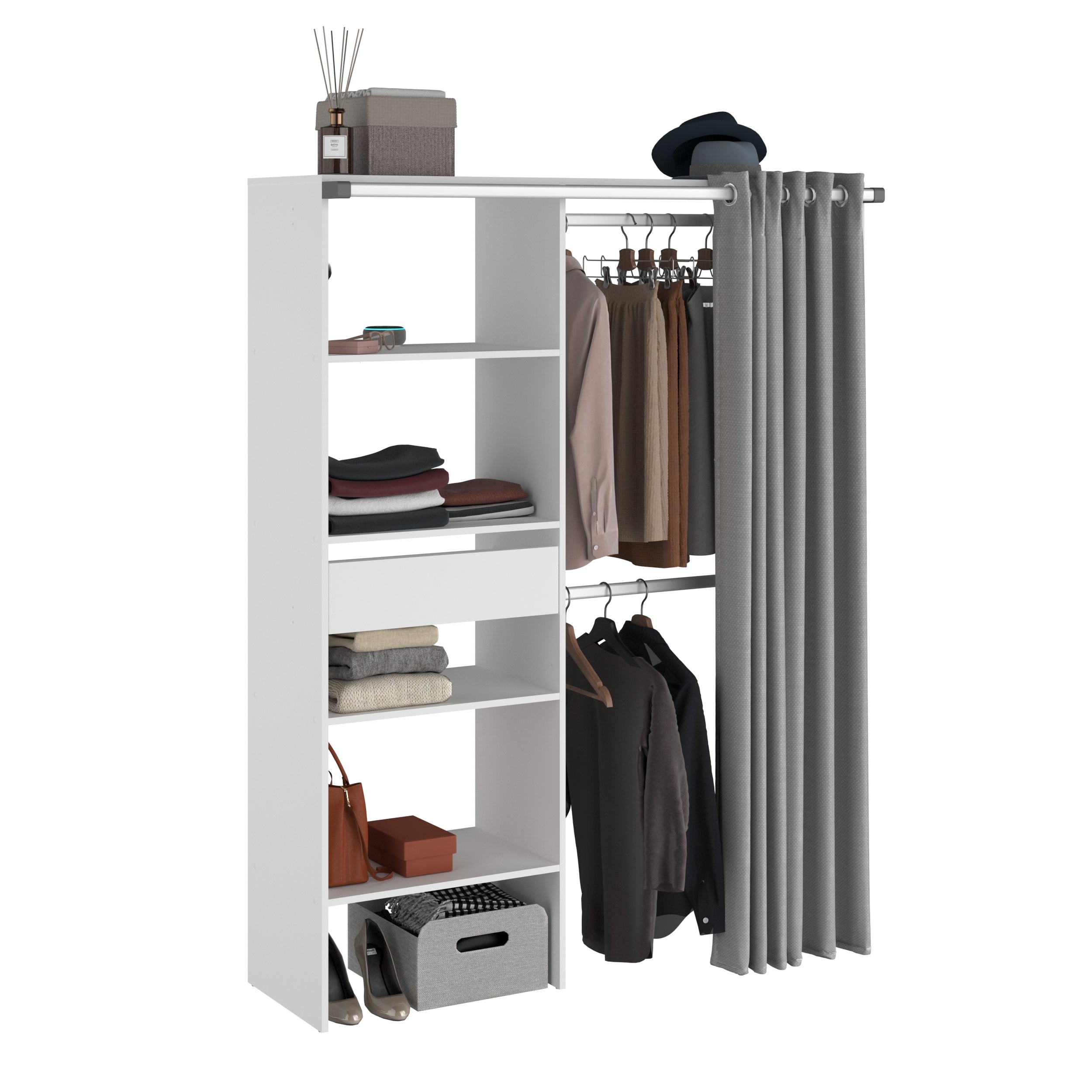 Parisot Kleiderschrank Bari 1 Weiß – 143x182 cm mit Stoffvorhang & Schublade