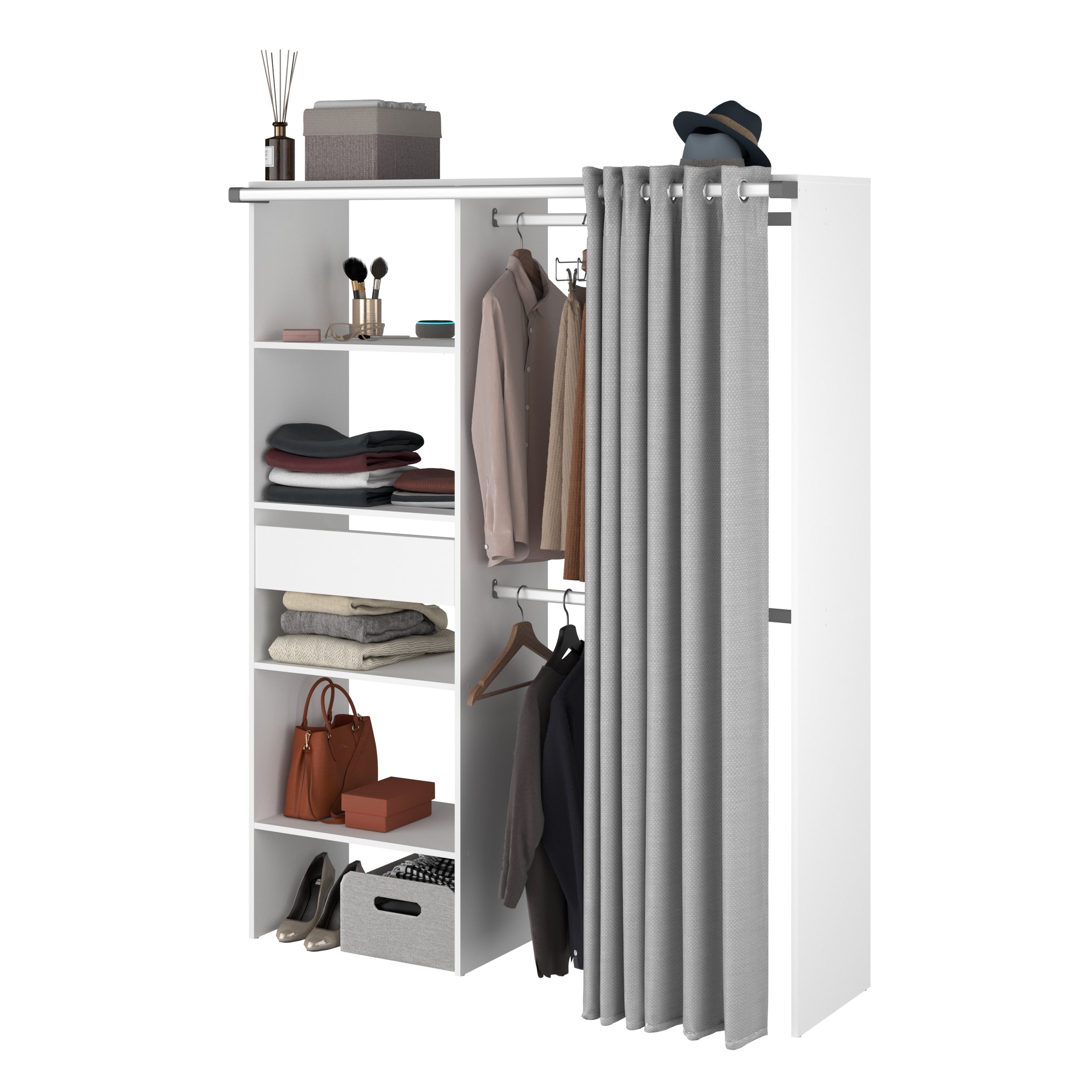 Parisot Kleiderschrank Bari 1 Weiß – 143x182 cm mit Stoffvorhang & Schublade