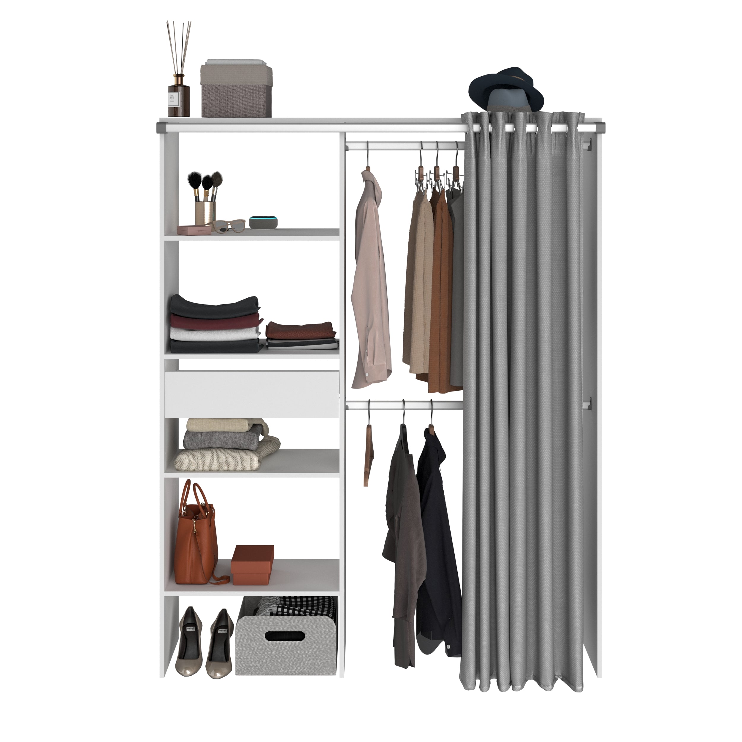 Parisot Kleiderschrank Bari 1 Weiß – 143x182 cm mit Stoffvorhang & Schublade