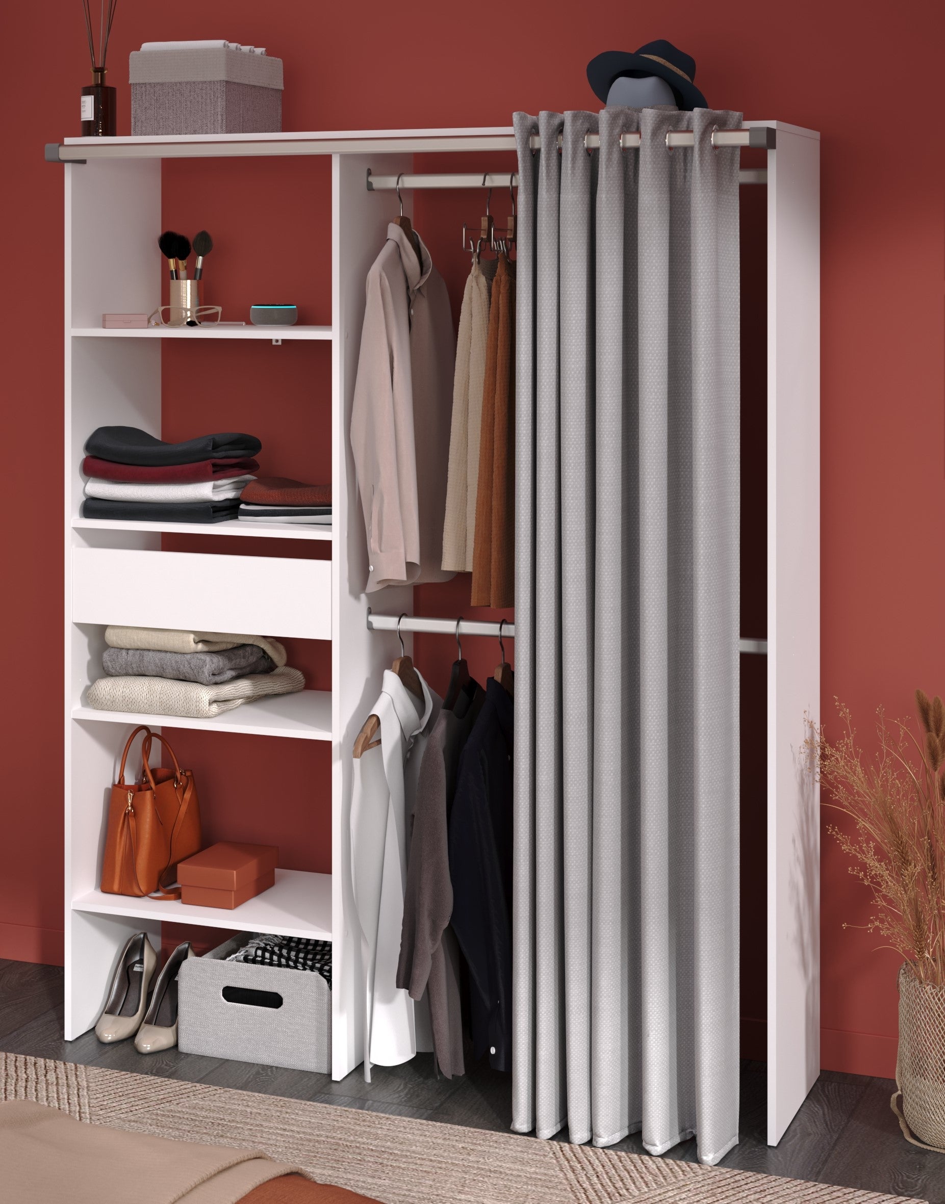 Parisot Kleiderschrank Bari 1 Weiß – 143x182 cm mit Stoffvorhang & Schublade