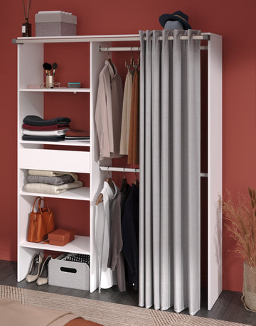 Parisot Kleiderschrank Bari 1 Weiß – 143x182 cm mit Stoffvorhang & Schublade