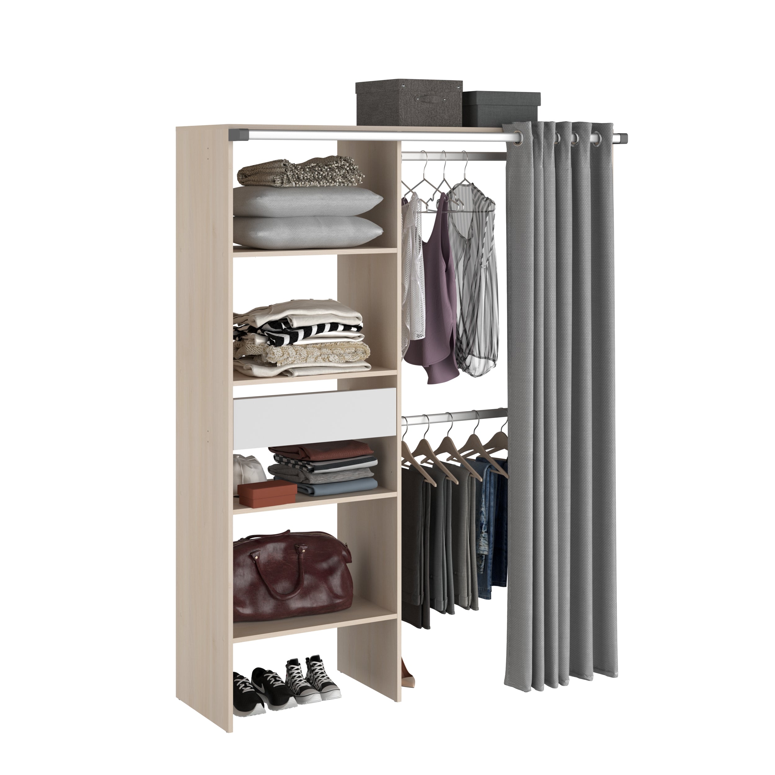 Parisot Kleiderschrank Bari 2 Akazie – 143x182 cm mit Stoffvorhang & Schublade