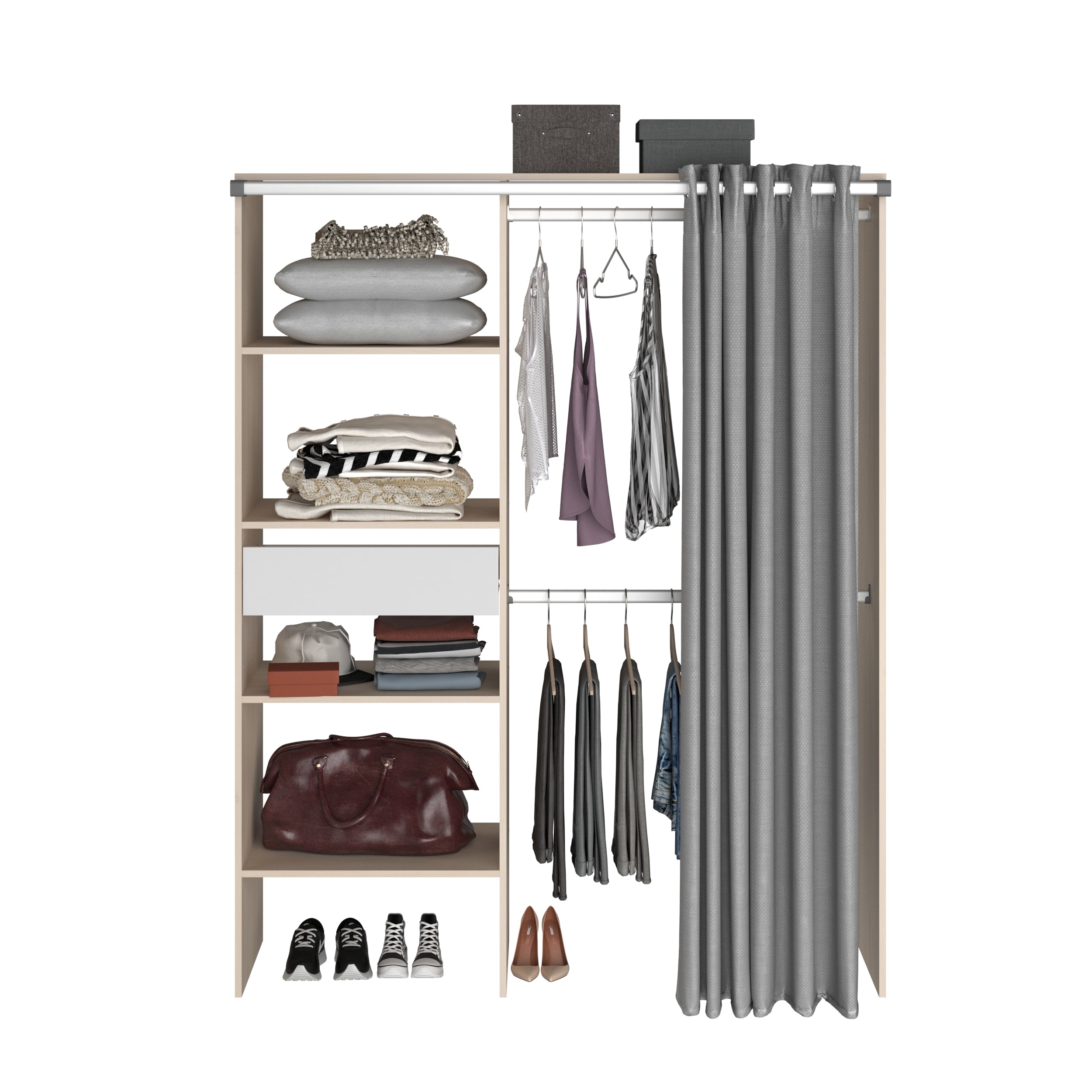 Parisot Kleiderschrank Bari 2 Akazie – 143x182 cm mit Stoffvorhang & Schublade