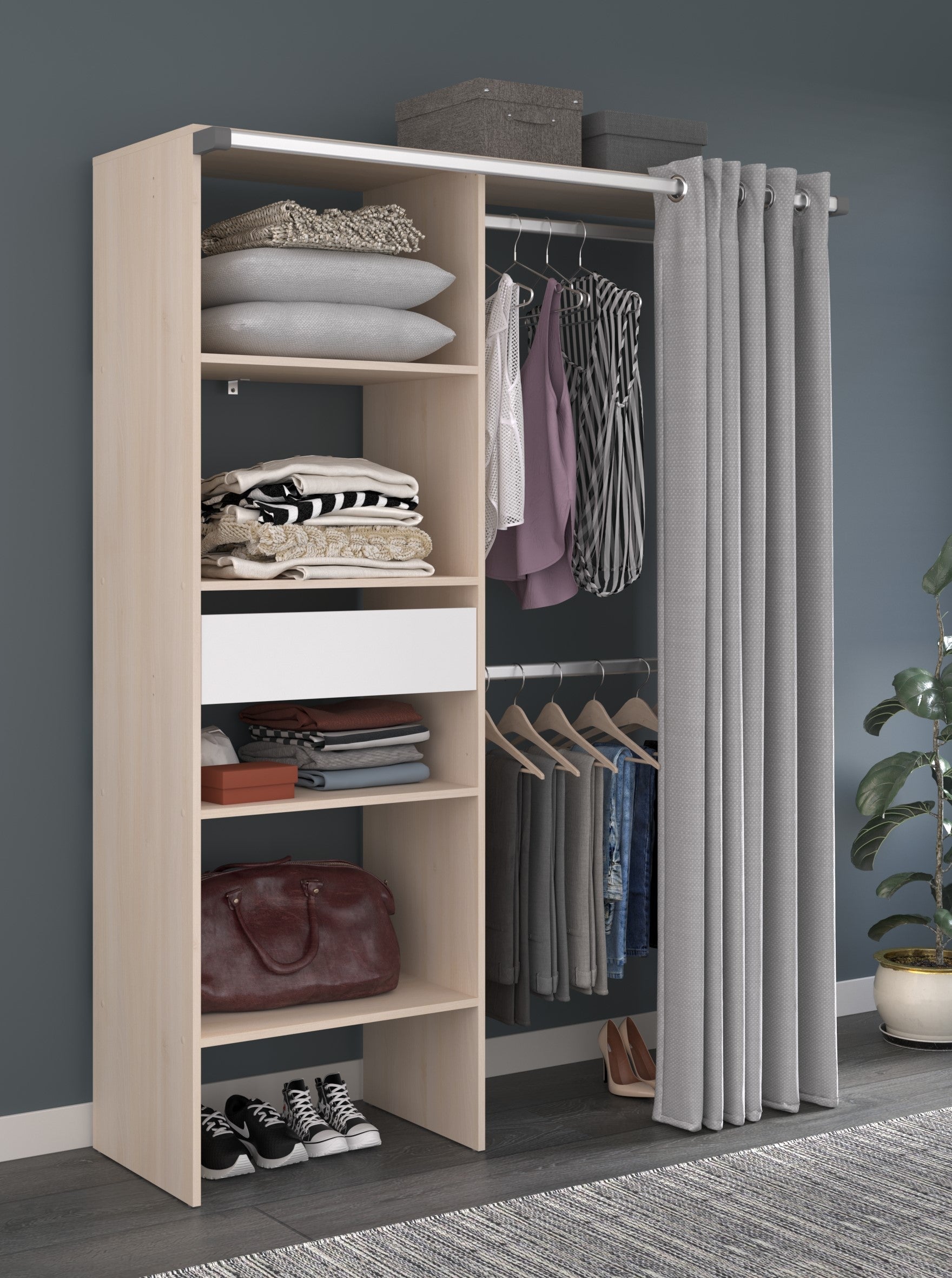 Parisot Kleiderschrank Bari 2 Akazie – 143x182 cm mit Stoffvorhang & Schublade