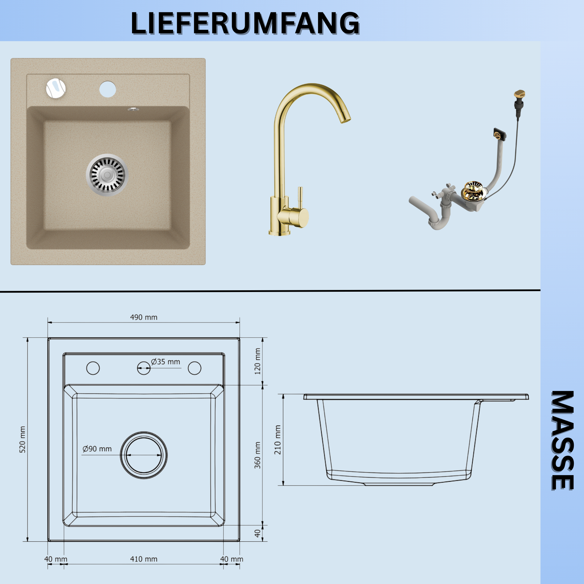Granitspuele_Milano_49_x_52_cm_Komplettset_mit_Genial_Kuechenarmatur_Gold_Siphon-Set_Gold_Einbauspuele_aus_Granit