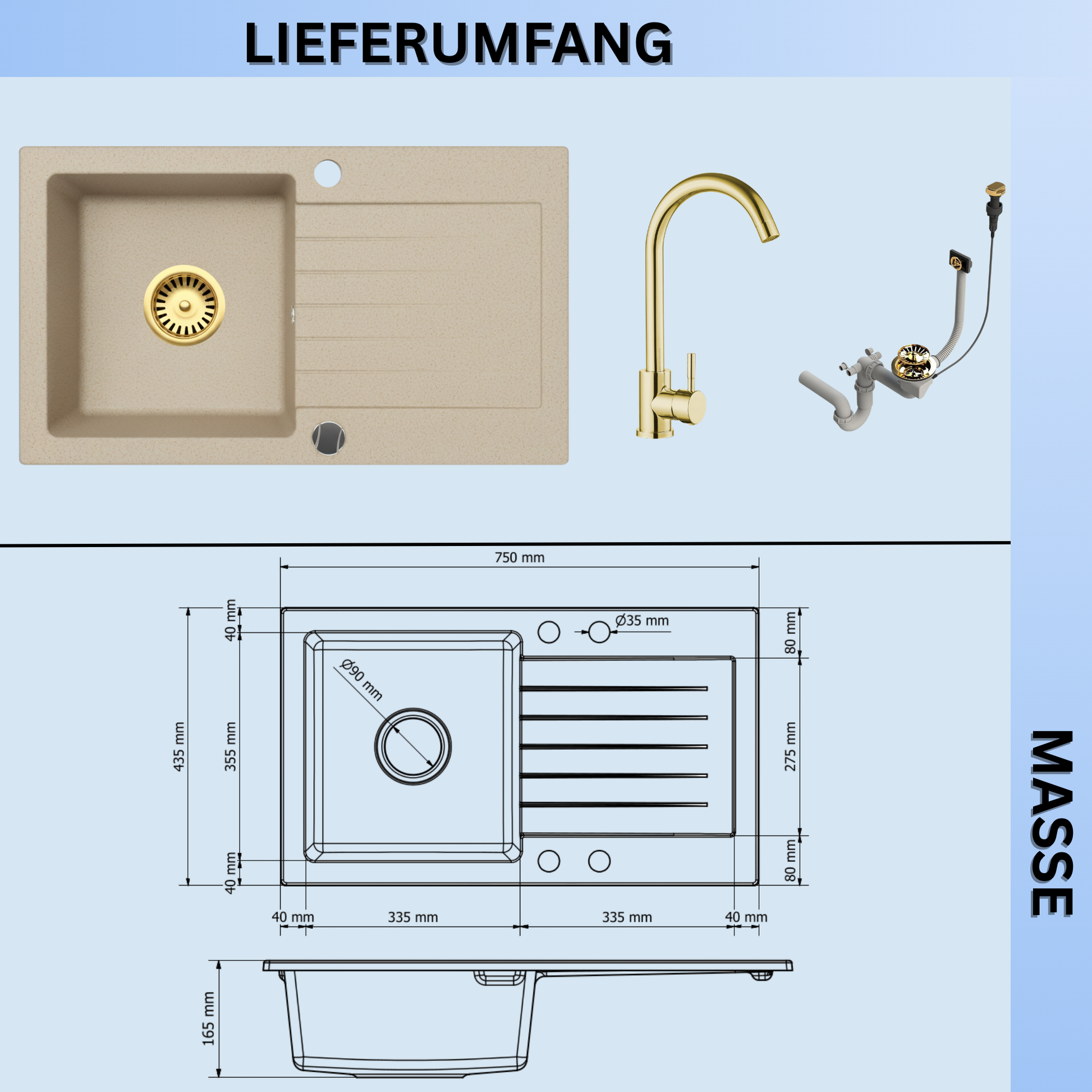 Granitspüle Alisha 75×43,5 cm mit Armatur Genial Gold & Siphon-Set Gold