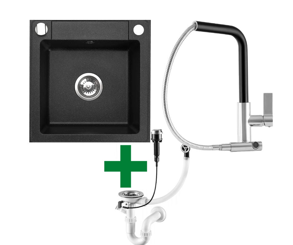 Belmondo Einbau-Granitspüle 44 x 46 cm, inklusive Siphon-Set, Armatur wählbar