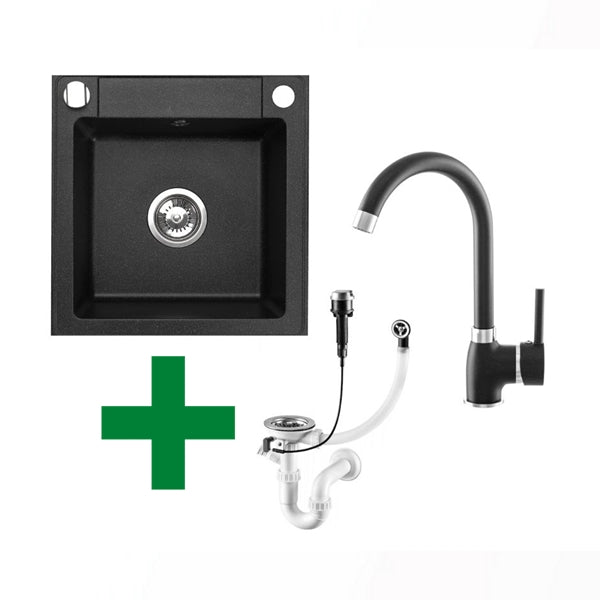 Belmondo Einbau-Granitspüle 44 x 46 cm, inklusive Siphon-Set, Armatur wählbar