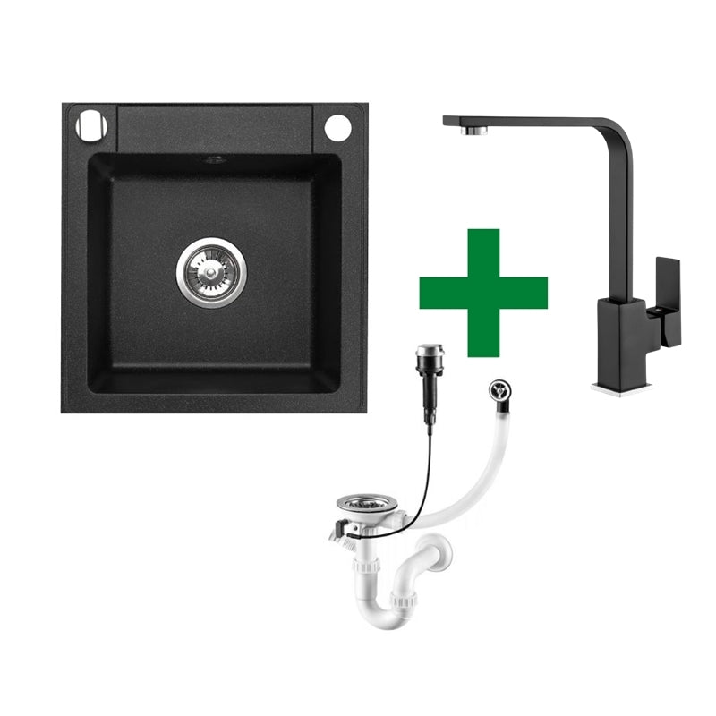 Belmondo Einbau-Granitspüle 44 x 46 cm, inklusive Siphon-Set, Armatur wählbar