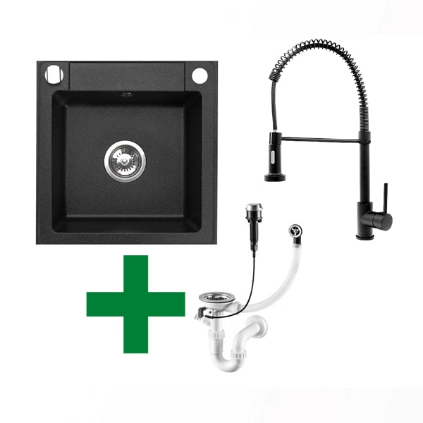 Belmondo Einbau-Granitspüle 44 x 46 cm, inklusive Siphon-Set, Armatur wählbar