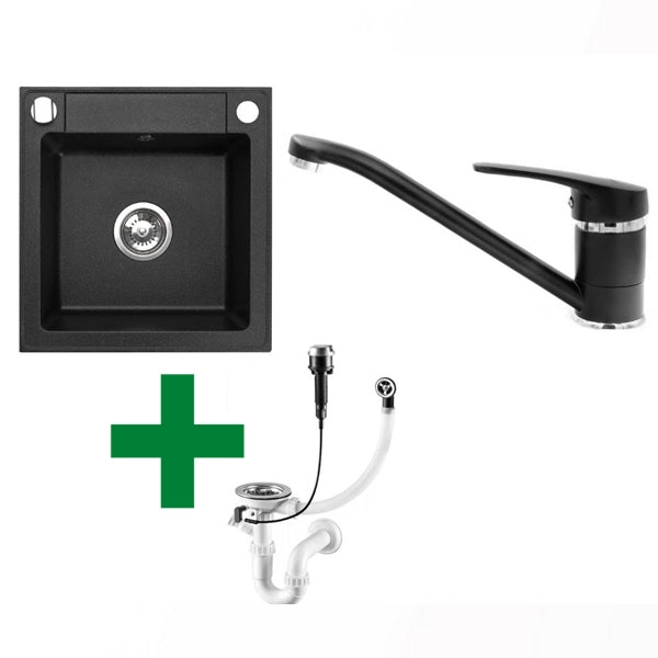 Belmondo Einbau-Granitspüle 44 x 46 cm, inklusive Siphon-Set, Armatur wählbar