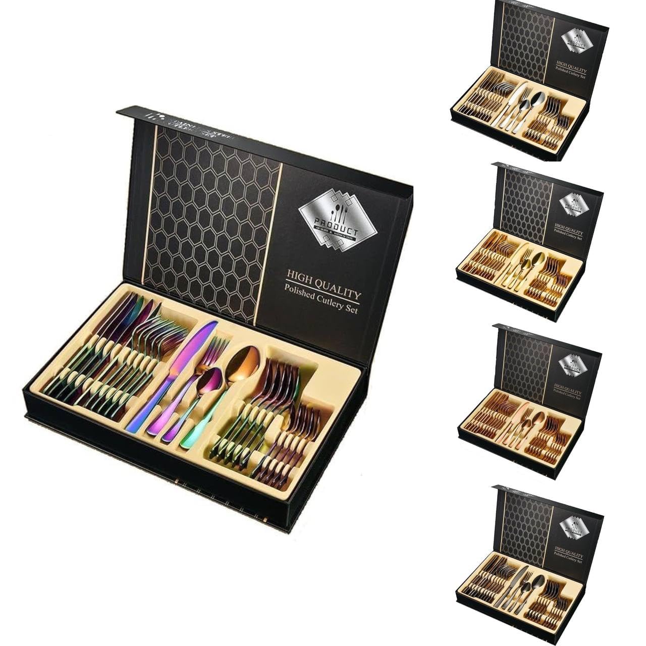 Besteckset 24-teilig – Edelstahlbesteck für 6 Personen mit Geschenkbox | Silber, Gold, Schwarz, Roségold & Regenbogen