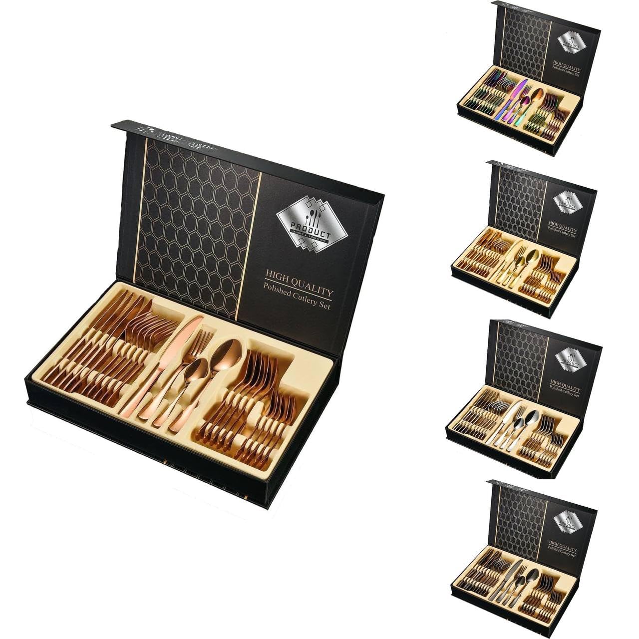 Besteckset 24-teilig – Edelstahlbesteck für 6 Personen mit Geschenkbox | Silber, Gold, Schwarz, Roségold & Regenbogen