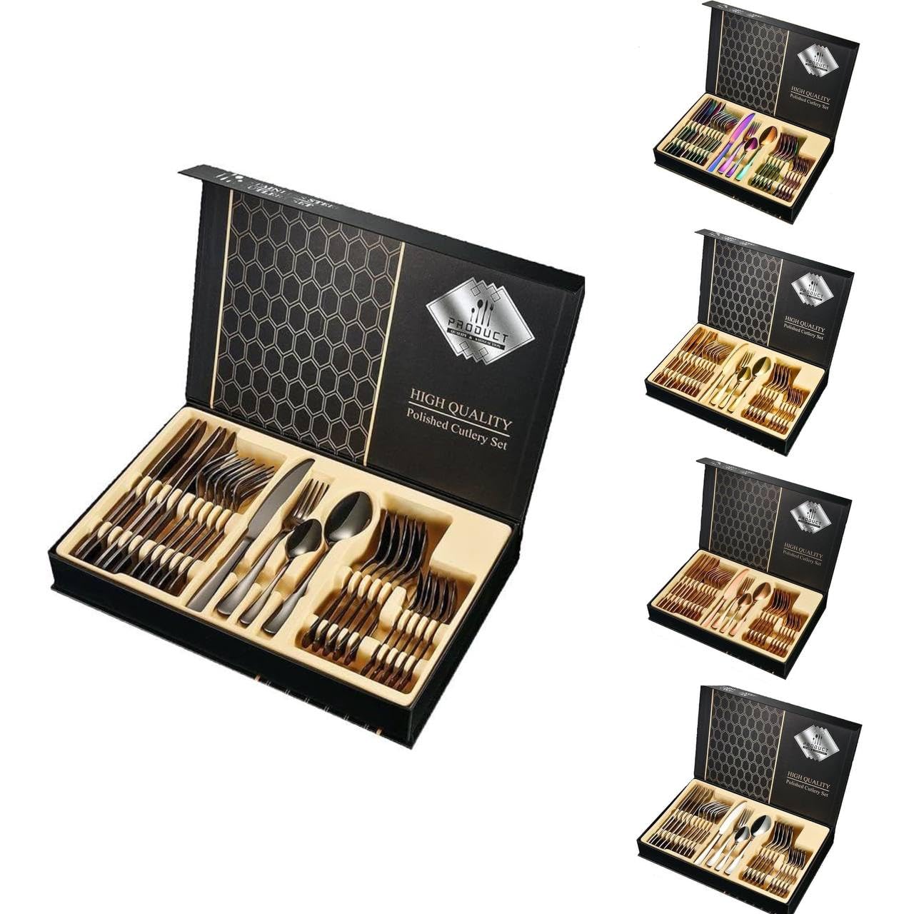 Besteckset 24-teilig – Edelstahlbesteck für 6 Personen mit Geschenkbox | Silber, Gold, Schwarz, Roségold & Regenbogen