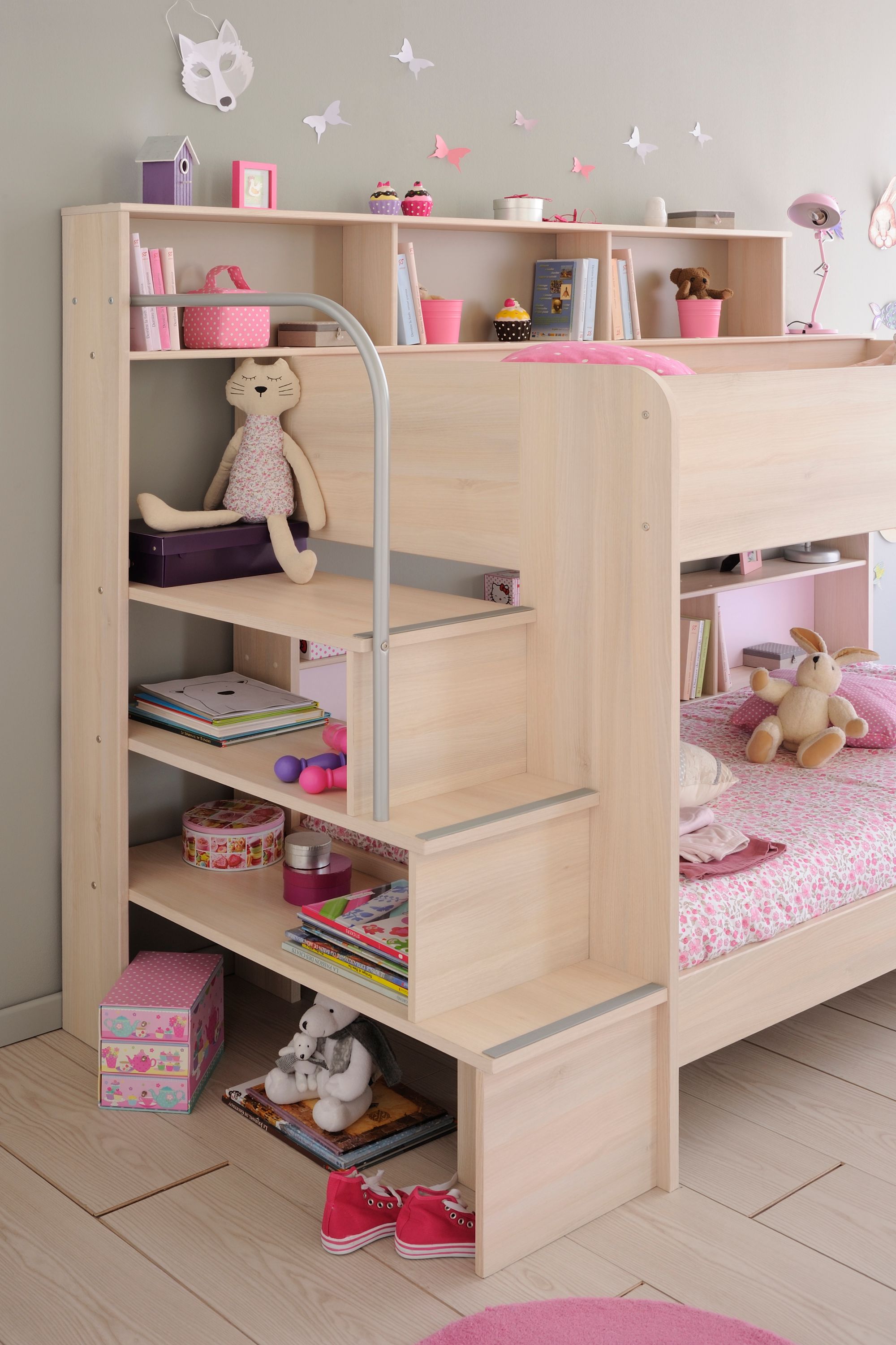 Etagenbett Bibop mit Leiterpodest, Regalwand & Bettkasten