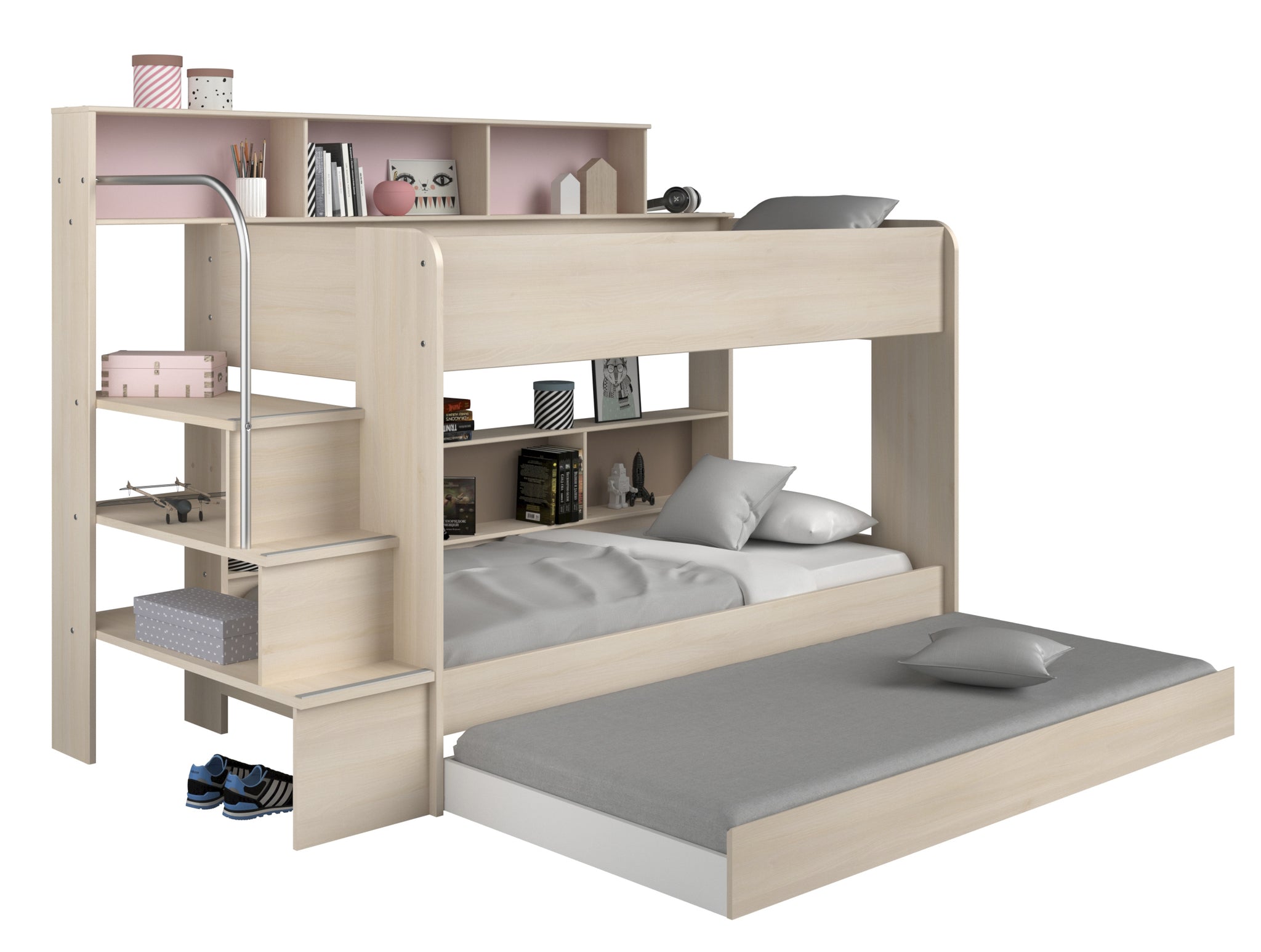 Etagenbett Bibop mit Leiterpodest, Regalwand & Bettkasten