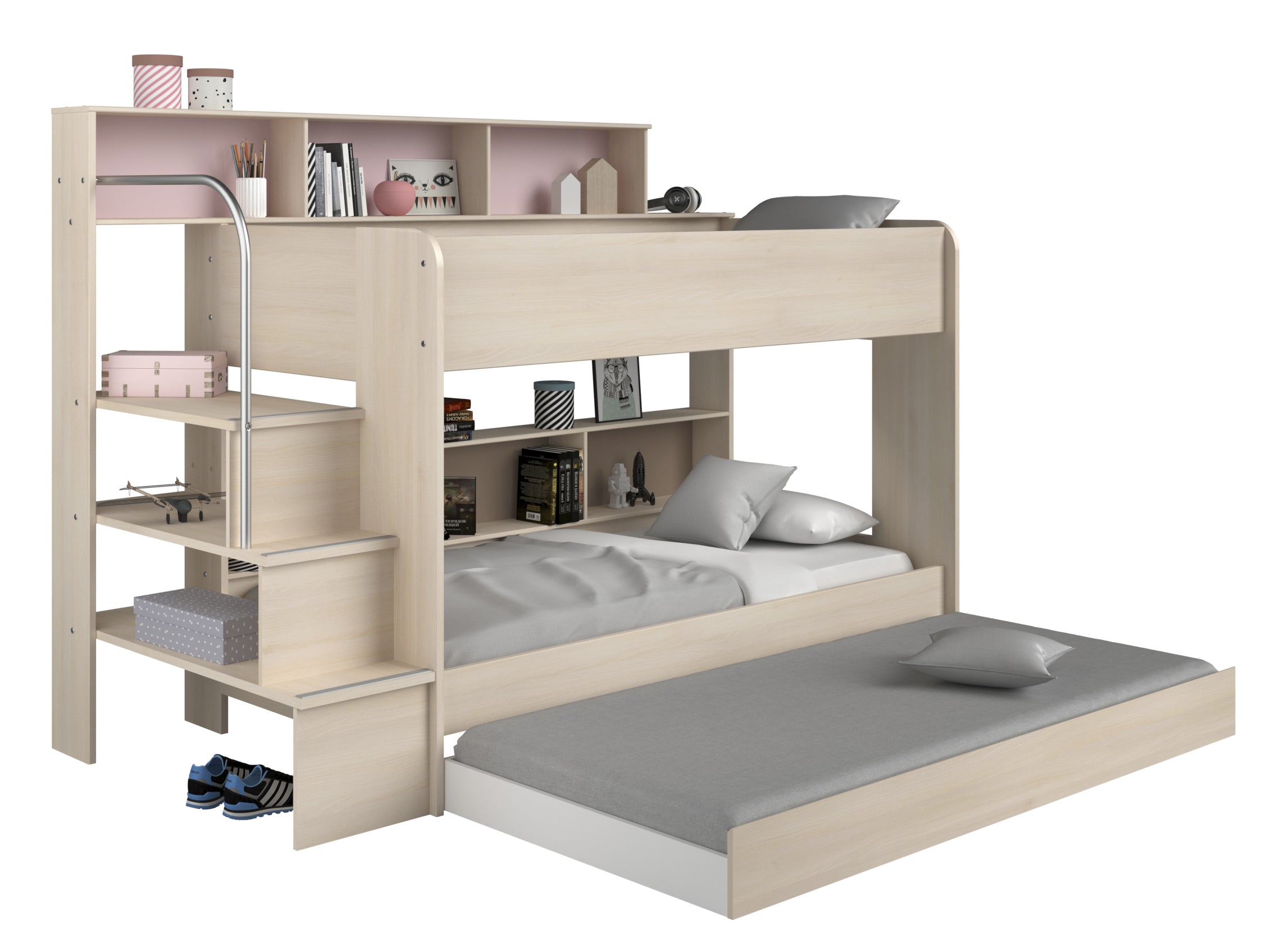 Etagenbett Bibop mit Leiterpodest, Regalwand & Bettkasten