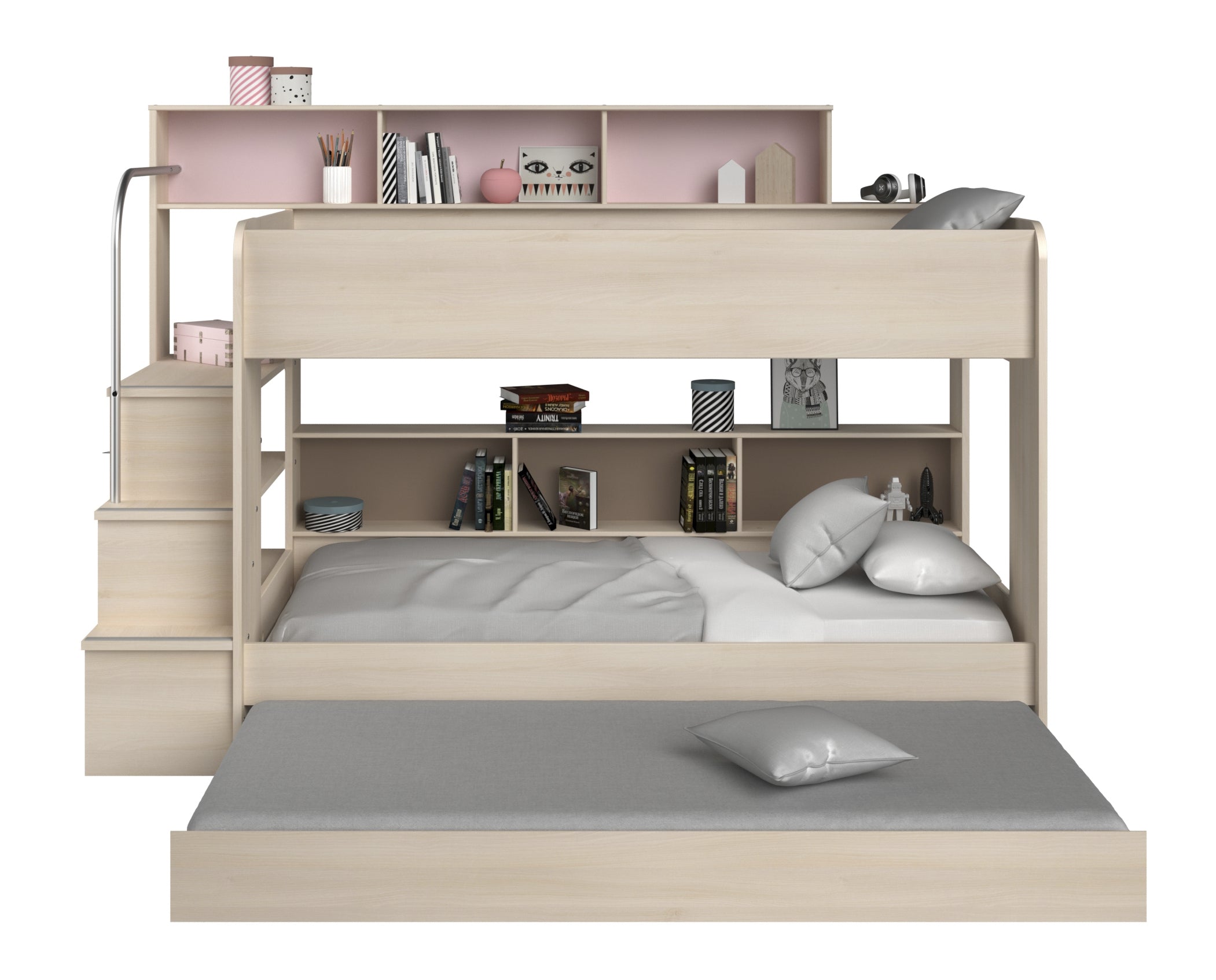 Etagenbett Bibop mit Leiterpodest, Regalwand & Bettkasten